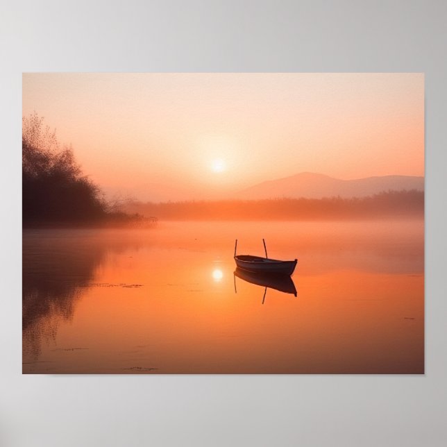 Poster Coucher de soleil orange avec bateau de pêche (Devant)