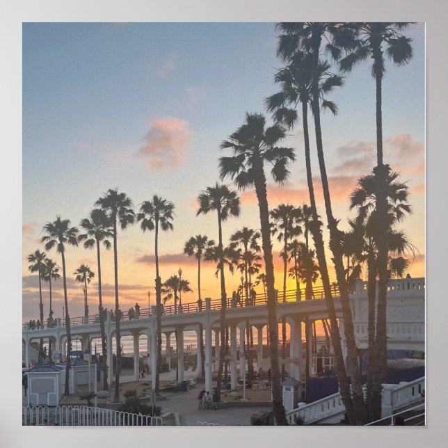 Poster Coucher de soleil orange et jaune Océan Californie (Devant)