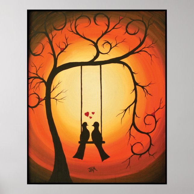 Poster Coucher de soleil orange et noir avec oiseaux (Devant)