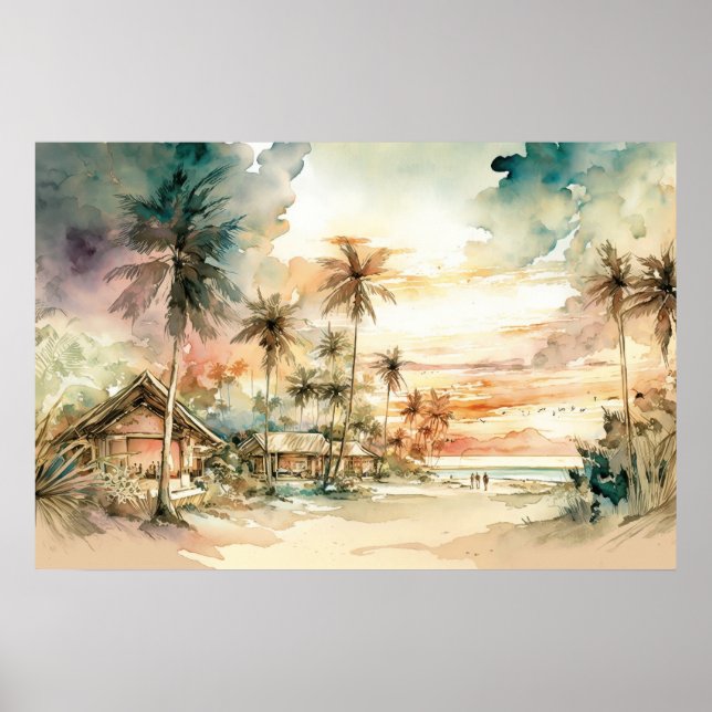 Poster Coucher de soleil paisible Plage tropicale Aquarel (Devant)