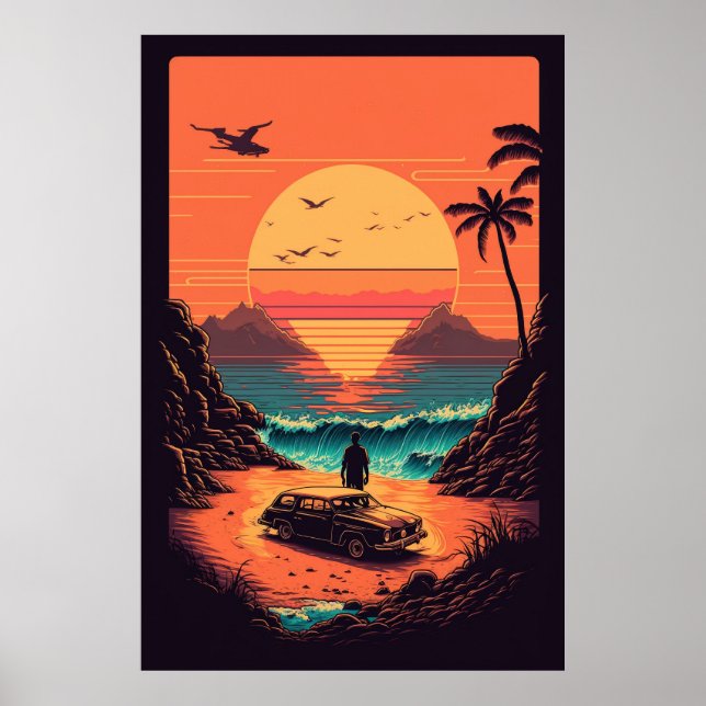 Poster Coucher de soleil rétro sur la plage (Devant)