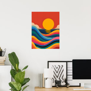 Poster Coucher de soleil rétro sur les vagues de l'océan