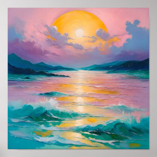 Poster Coucher de soleil rêveur sur les vagues de l'océan