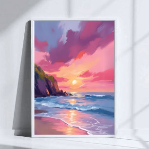 Poster Coucher de soleil rose Océan Vagues de plage Aquar