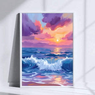Poster Coucher de soleil rose violet Aquarelle reflets