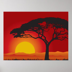 Poster Coucher De Soleil Rouge Briliant Sous Le Bonsai Tr
