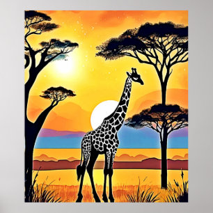 Poster Coucher de soleil safari : étreinte de la girafe