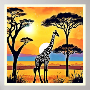 Poster Coucher de soleil safari : étreinte de la girafe