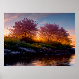 Poster Coucher de soleil Sakura : Riverside Reverie