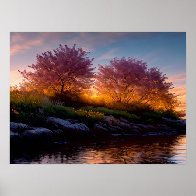 Poster Coucher de soleil Sakura : Riverside Reverie (Devant)