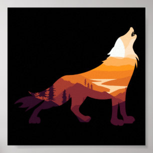 Poster Coucher de soleil sauvage du paysage du loup de Ho