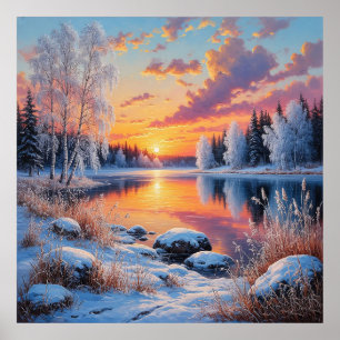 Poster Coucher de soleil serein d'hiver sur une forêt enn