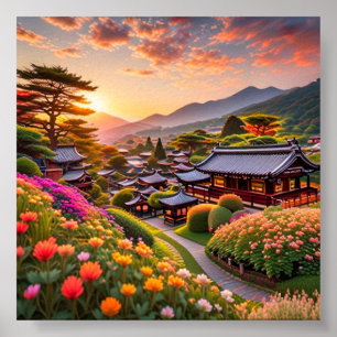 Poster Coucher De Soleil Serein Sur Jardin Japonais, Pays