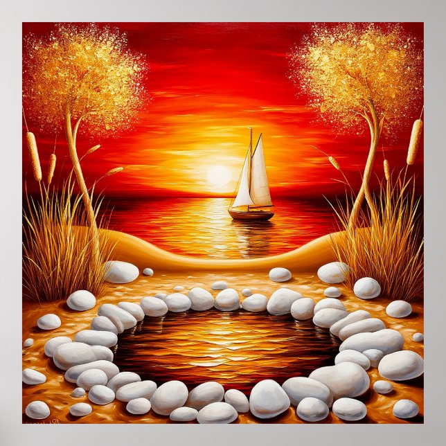 Poster Coucher de soleil serein sur un lac avec voilier (Devant)
