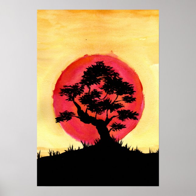 Poster Coucher de soleil sur Bonsaï (Devant)