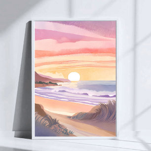 Poster Coucher de soleil sur la mer rose Peinture aquar