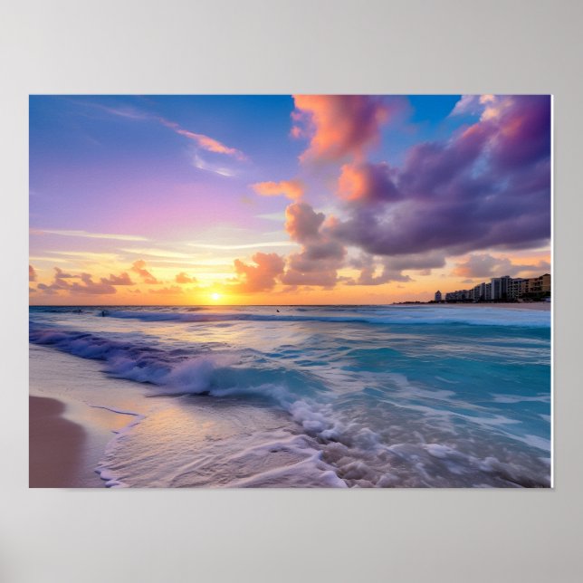 Poster Coucher de soleil sur la plage avec nuages (Devant)