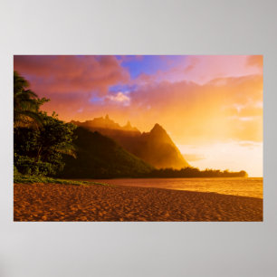 Poster Coucher de soleil sur la plage dorée, Hawaï