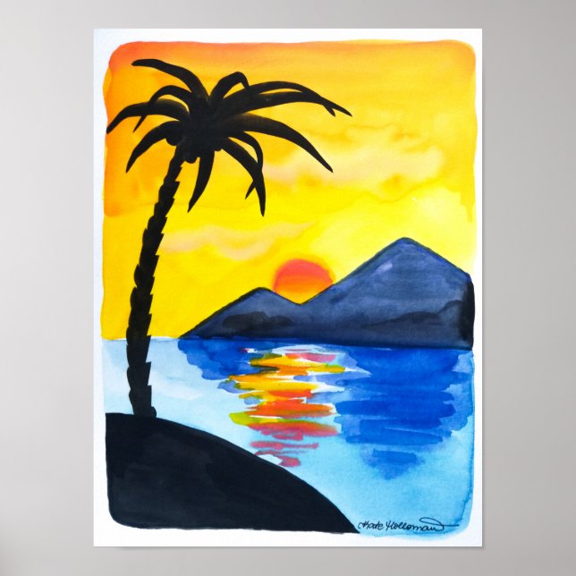 Poster Coucher de soleil sur la plage - Illustration aqua (Devant)