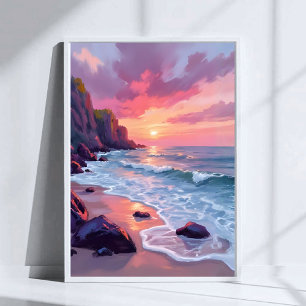 Poster Coucher de soleil sur la plage rose pastel Vagues 