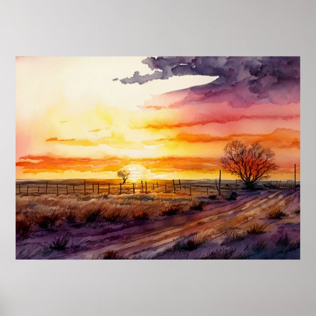 Poster Coucher De Soleil Sur L'Aquarelle Des Prairies (Devant)