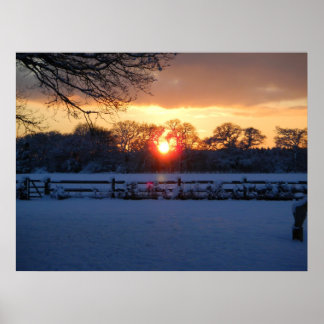 Poster Coucher de soleil sur le champ de neige