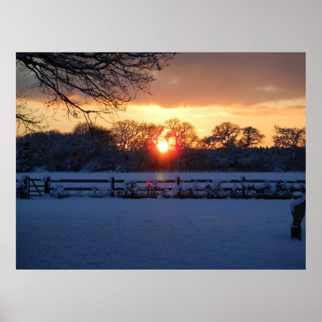 Poster Coucher de soleil sur le champ de neige (Devant)