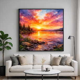 Poster Coucher de soleil sur le lac - Style de peinture à