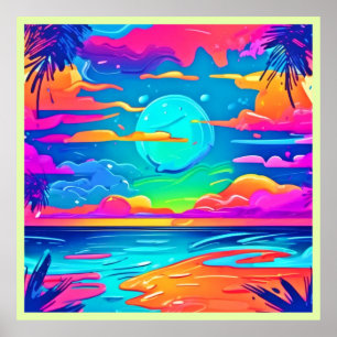 Poster Coucher de soleil sur le néon au-dessus des vagues