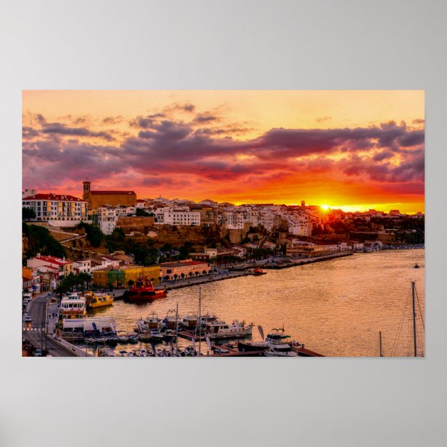 Poster Coucher de soleil sur le port de Mahon - Minorque, (Devant)