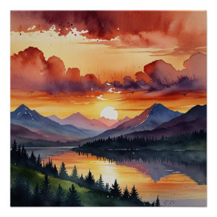 Poster Coucher de soleil sur les montagnes Aquarelle