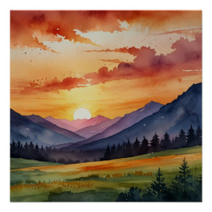 Poster Coucher de soleil sur les montagnes Aquarelle
