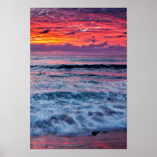 Poster Coucher de soleil sur les vagues de l'océan, Calif (Devant)