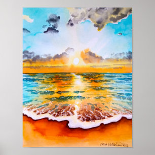 Poster Coucher de soleil sur l'océan - Aquarelle Art Impr
