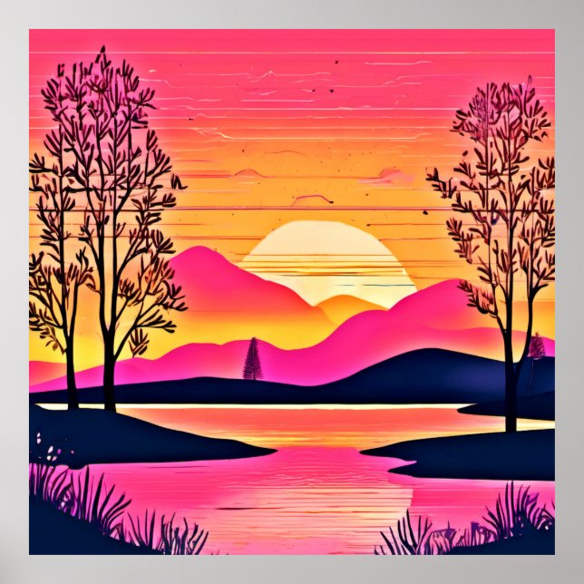 Poster Coucher de soleil sur Pink Lake Art (Devant)