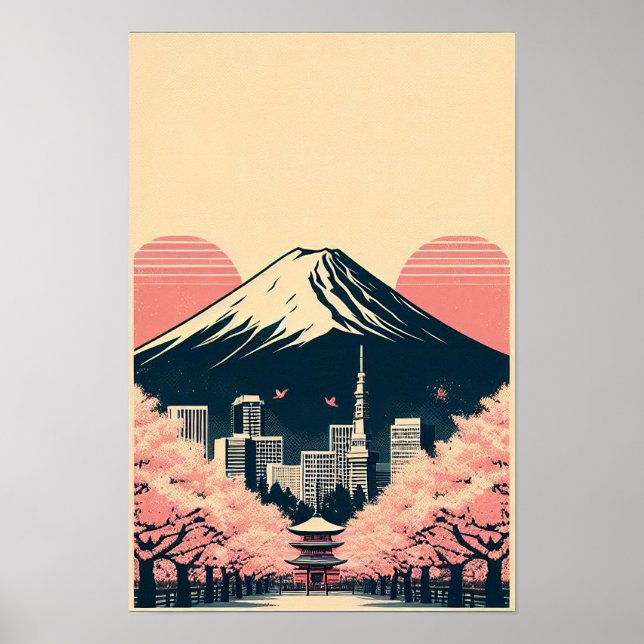 Poster Coucher de soleil sur Tokyo avec fleurs de cerisie (Devant)