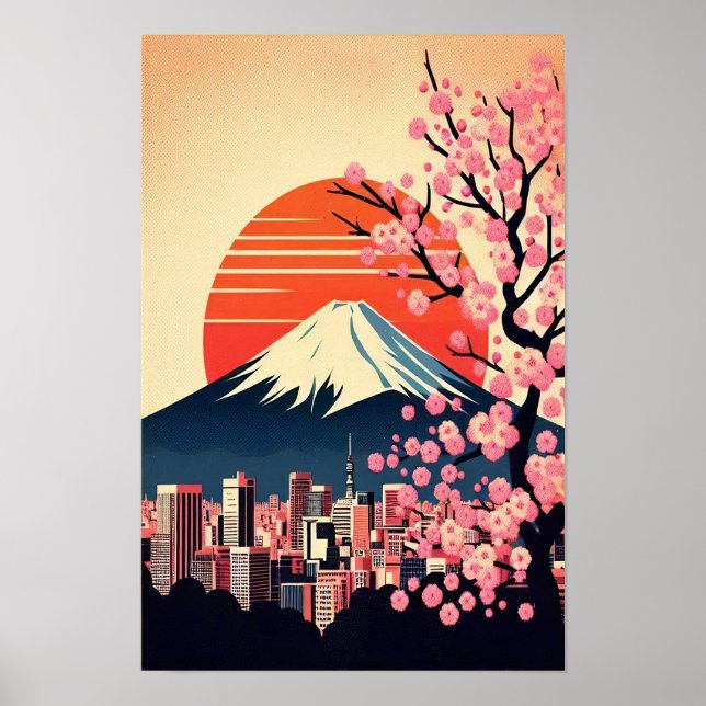 Poster Coucher de soleil sur Tokyo avec fleurs de cerisie (Devant)