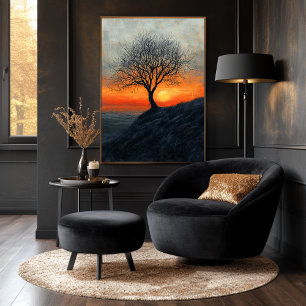 Poster Coucher de soleil sur un arbre solitaire aux tons 