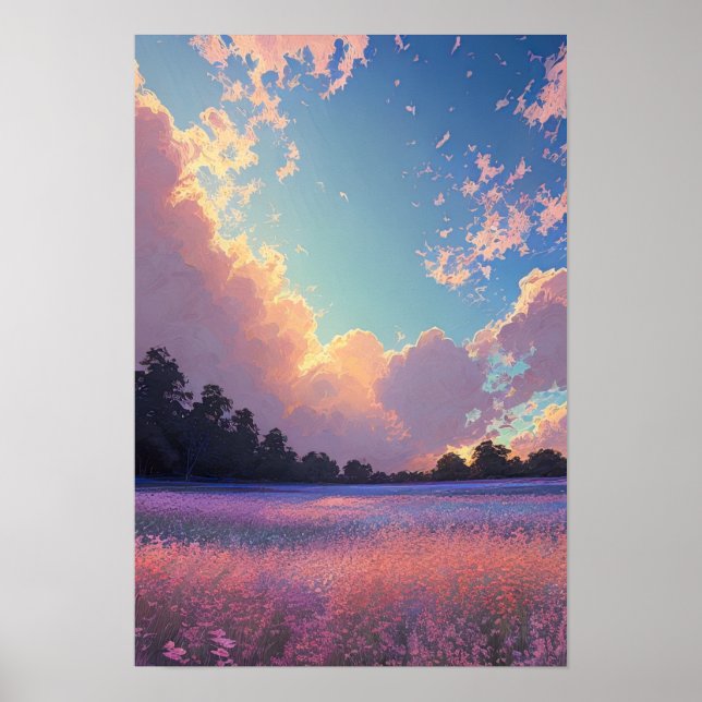 Poster Coucher de soleil sur un champ de fleurs rose et b (Devant)