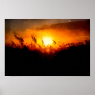 Poster Coucher de soleil sur un champ de maïs   Peinture 