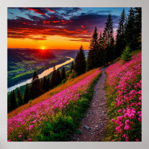 Poster Coucher de soleil sur une montagne panoramique ave