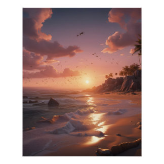 Poster coucher de soleil sur une plage tropicale