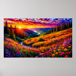 Poster Coucher de soleil sur une prairie de fleurs sauvag