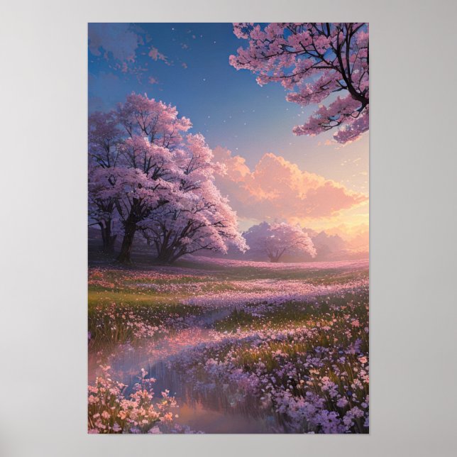 Poster Coucher de soleil sur une prairie florissante (Devant)