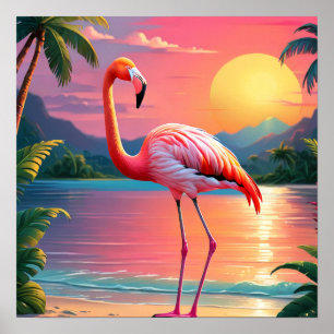 Poster Coucher de soleil tropical aux flamants roses 
