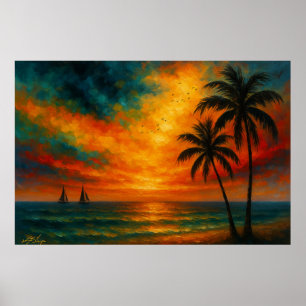 Poster Coucher de soleil tropical avec voiliers