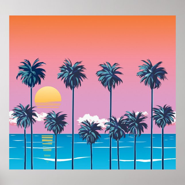 Poster Coucher de soleil tropical : Illustration de plage (Devant)