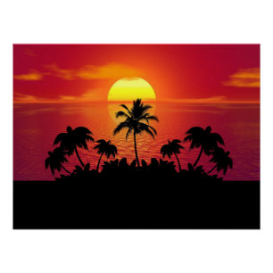 Poster Coucher de soleil tropical Palmiers Silhouette Pla