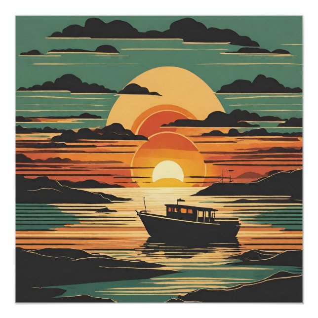Poster Coucher de soleil tropical rétro avec un bateau et (Devant)