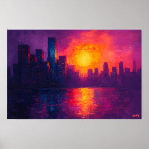 Poster Coucher de soleil urbain vibrant sur toile Fauvist